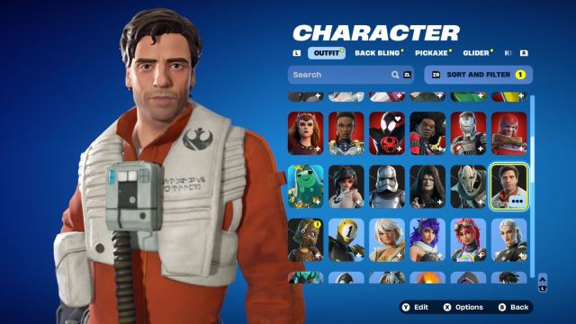The Fortnite character selection menu depicting Poe Dameron next to an array of icons.