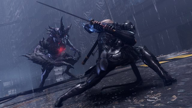 Screenshot from Ninja Gaiden 4 that features one of the game’s protagonist in the rain facing down a demon.