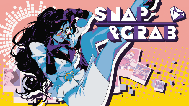 Key Art for Snap and Grab featuring an 80’s style pin up of a brown-skinned woman holding a camera with the words snap and grab in the top right.
