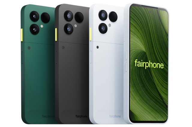 The Fairphone 6 pictured in three color options from the front and back.
