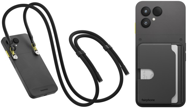 Two versions of the Fairphone 6 with a lanyard and card holder attached.