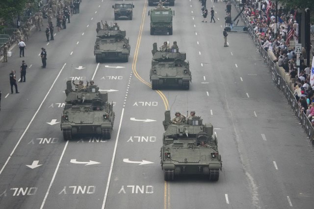 Members of the U.S. Army drive Bradley Fighting Vehicles in the 250th birthday parade on June 14, 2025 in Washington, DC.