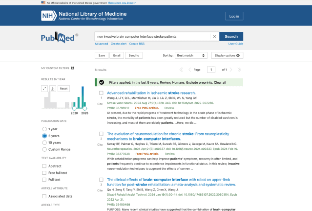 Webpage of PubMed scientific study repository listing results for a query about brain-computer interface research. 
