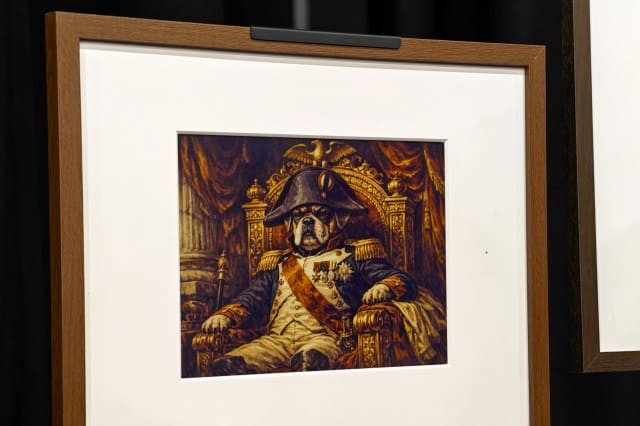 AI-generated art of a bulldog wearing 18th-ish-century military garb and seated on a golden throne, in the style of an old oil painting.