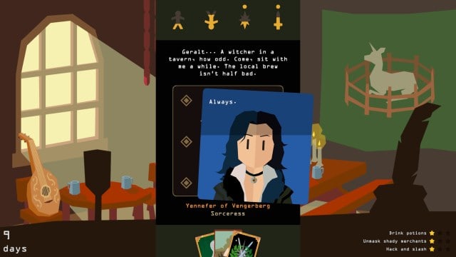 A screenshot from the video game Reigns: The Witcher.