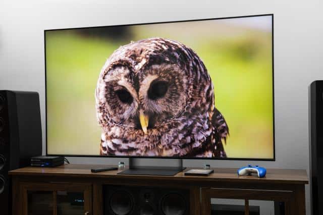 The Sony Bravia 7 II RGB LED TV on a dark wooden credenza displaying an image of an owl.