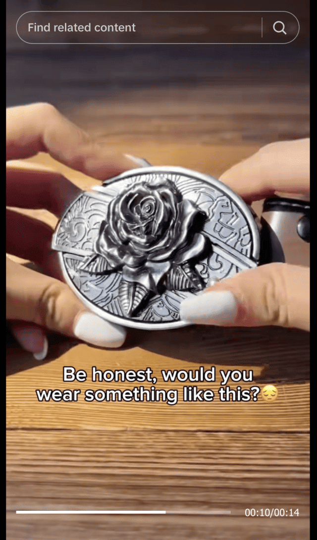 A screenshot of Amayasbuckles selling a rose blade belt buckle for $40