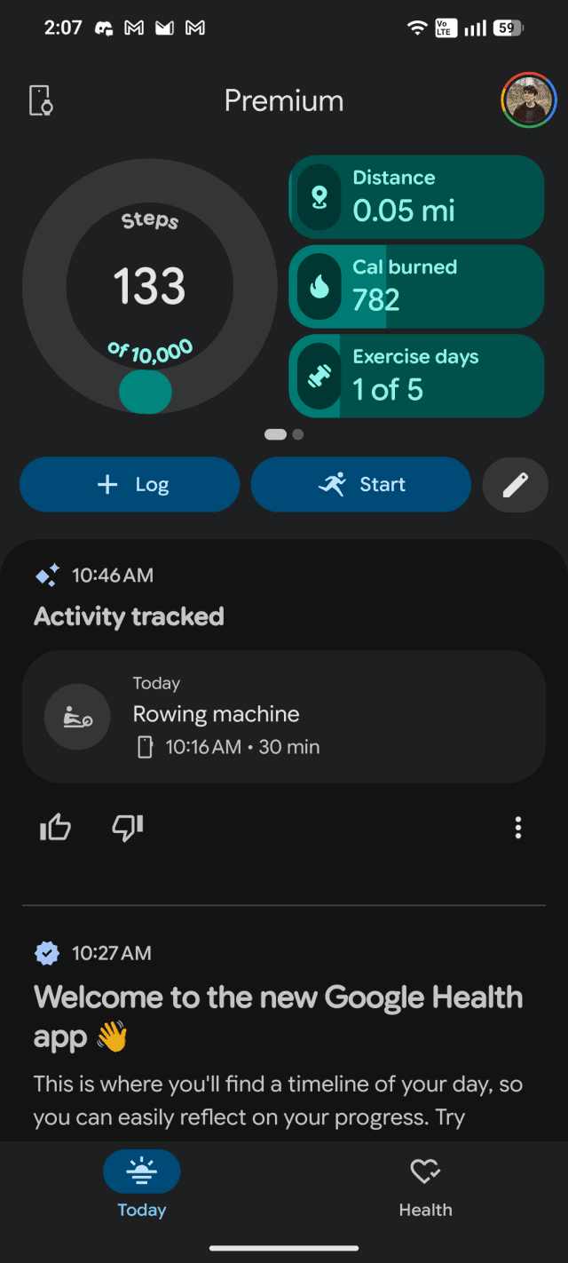 A screenshot of the landing page in the Google Health app