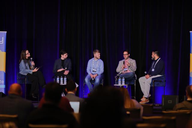 A panel at Unify hosted by Jennifer Pattison Tuohy featuring representatives from Google, Samsung, Homey/LG, and CableLabs. Here,&nbsp;Daniel Moneta&nbsp;of Samsung answers a question about Samsung appliances not being part of Matter, saying they are focused on offering a great first-party experience through SmartThings.