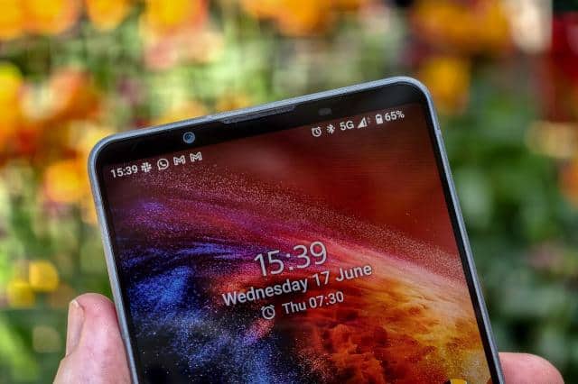 Photo of the Sony Xperia 1 VIII in front of flowers, showing the top bezel and selfie camera