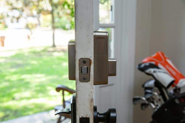 The Sense Pro comes in matte black or satin nickel. It has a slimline exterior lock and a slightly larger interior portion that houses four AA batteries. The lock is rated to last six months on Wi-Fi and nine plus on Thread; there’s a USB-C charging port on the exterior for emergency power.