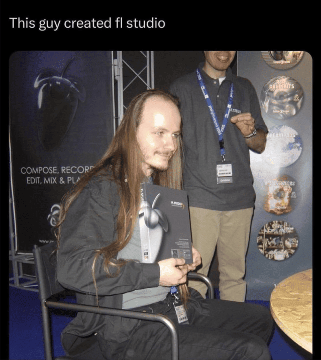 A social media post (mostly like Twitter) with a picture of Didier Dambrin (AKA Gol) with the caption “This guy created FL Studio.”