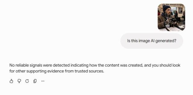 A screenshot of Google’s Gemini chatbot failing to detect that an image made using Meta’s Muse model is AI-generated.