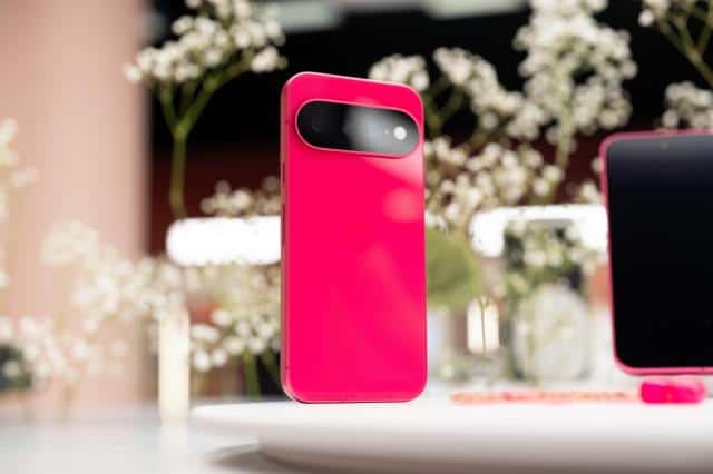 A bright pink Pixel phone.