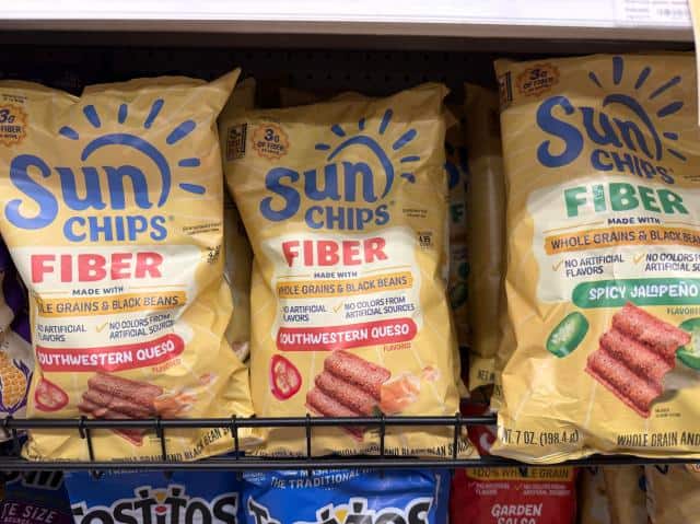 Sun chips fiber packaging, no artificial flavors or coloring in supermarket, Albertson, New York. 
