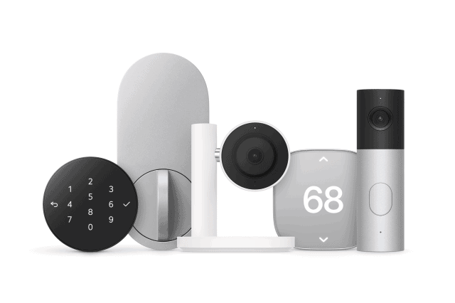 Several Apple Home Collection products: LG smart door lock, indoor camera and video doorbell, and a Schneider Electric thermostat.