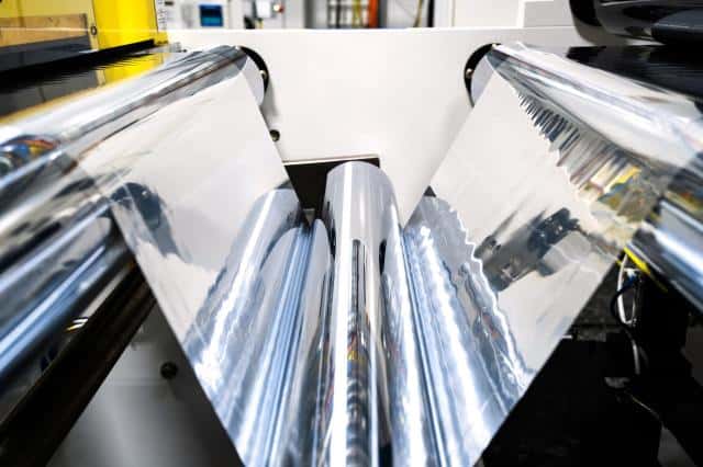 A close-up view of foil battery material before it is incorporated into the cell assembly process.