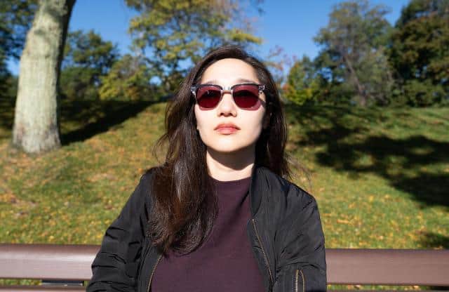 Front view of senior reviewer Victoria Song wearing the Ray-Ban Meta glasses.