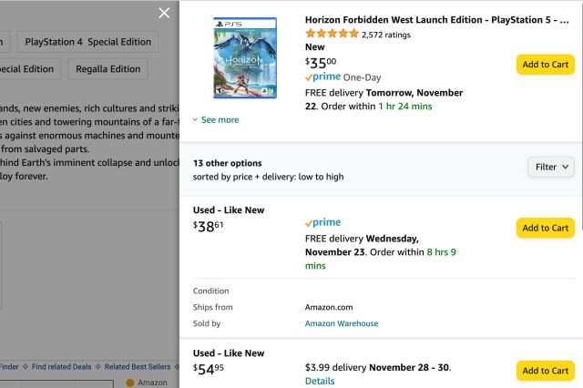 Screenshot of page showing Amazon prices for Horizon Forbidden West Launch Edition.