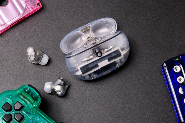 A photo of Beats’ translucent Studio Buds Plus earbuds.