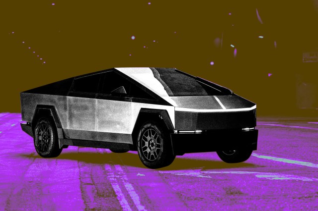 Digital photo collage of a Tesla Cybertruck.