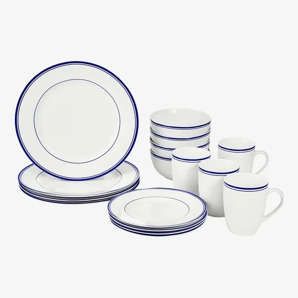 AmazonBasics 16-Piece Cafe Stripe Kitchen Dinnerware Set for 4, Blue