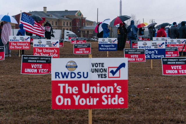 Pro-union demonstration signs during a Retail, Wholesale and Department Store Union (RWDSU) held protest outside the Amazon.com Inc. BHM1 Fulfillment Center in Bessemer, Alabama