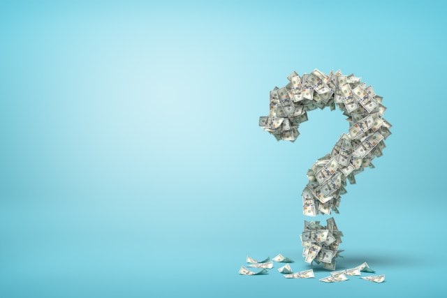 3d rendering of question mark made up of dollar banknotes on blue background. Banking and finance. Business success. Management and production.