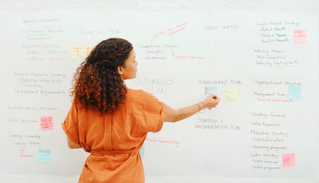 Rearview shot of a young businesswoman having a brainstorming session in a modern office