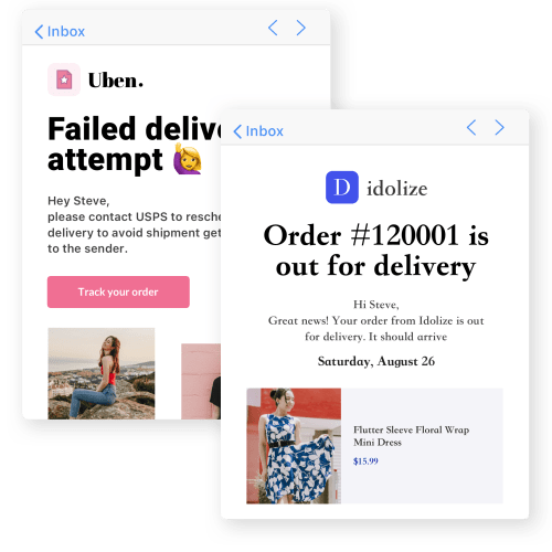 A branded shipment tracking page and email created with AfterShip's software