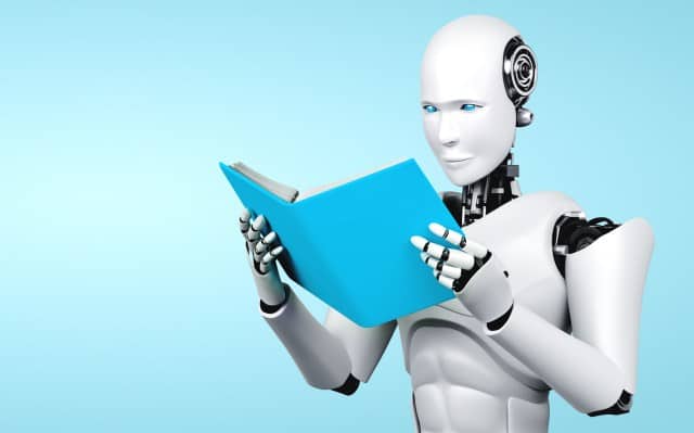 3D illustration of robot humanoid reading book in concept of future artificial intelligence and 4th fourth industrial revolution . (3D illustration of robot humanoid reading book in concept of future artificial intelligence and 4th fourth industrial r