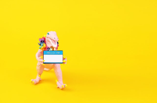 Image of a pink toy dinosaur holding a name tag on a yellow background.