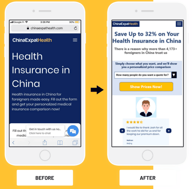 Before-and-after screenshots of the mobile version of ChinaExpatHealth after a marketing test.