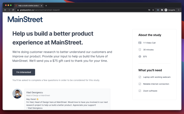A landing page created for MainStreet with Great Question's user research platform