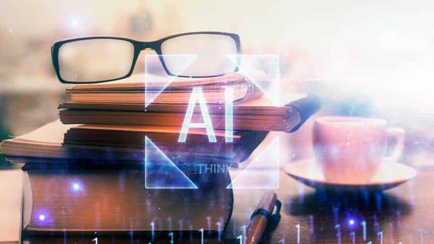 Ilustración sobre los conceptos de Inteligencia Artificial, con libros y gafas que simbolizan el estudio y el aprendizaje.