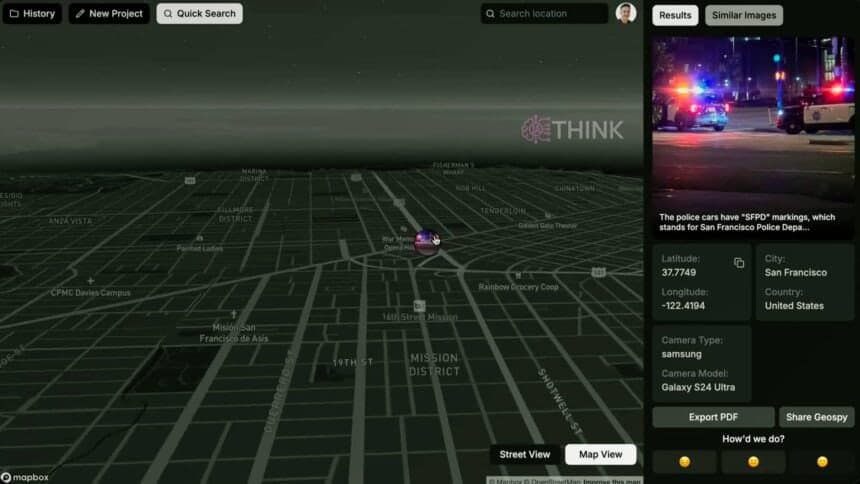 Captura de pantalla de GeoSpy mostrando la ubicación de una foto en un mapa.