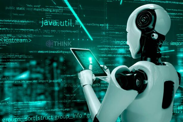 Robot interactuando con código de programación en una pantalla.