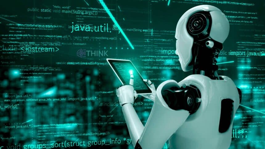 Robot interactuando con código de programación en una pantalla.