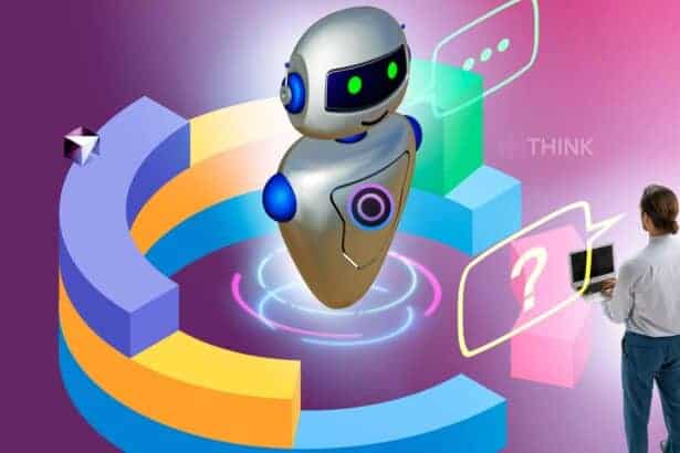 Ilustración de un robot y una persona usando un ordenador portátil, representando la generación de contenido con IA de forma respetuosa con la privacidad.
