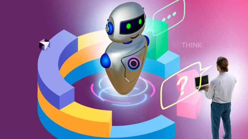 Ilustración de un robot y una persona usando un ordenador portátil, representando la generación de contenido con IA de forma respetuosa con la privacidad.