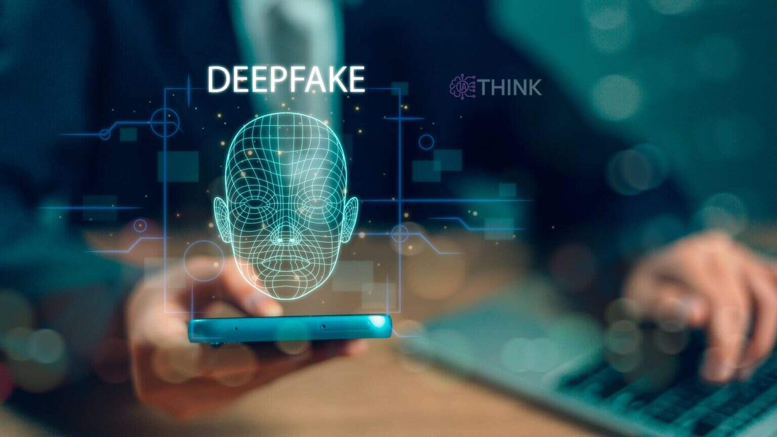Ilustración digital de una cabeza de red sobre un teléfono inteligente, que representa la tecnología Deepfake.