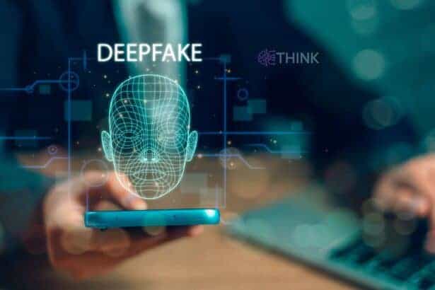 Ilustración digital de una cabeza de red sobre un teléfono inteligente, que representa la tecnología Deepfake.