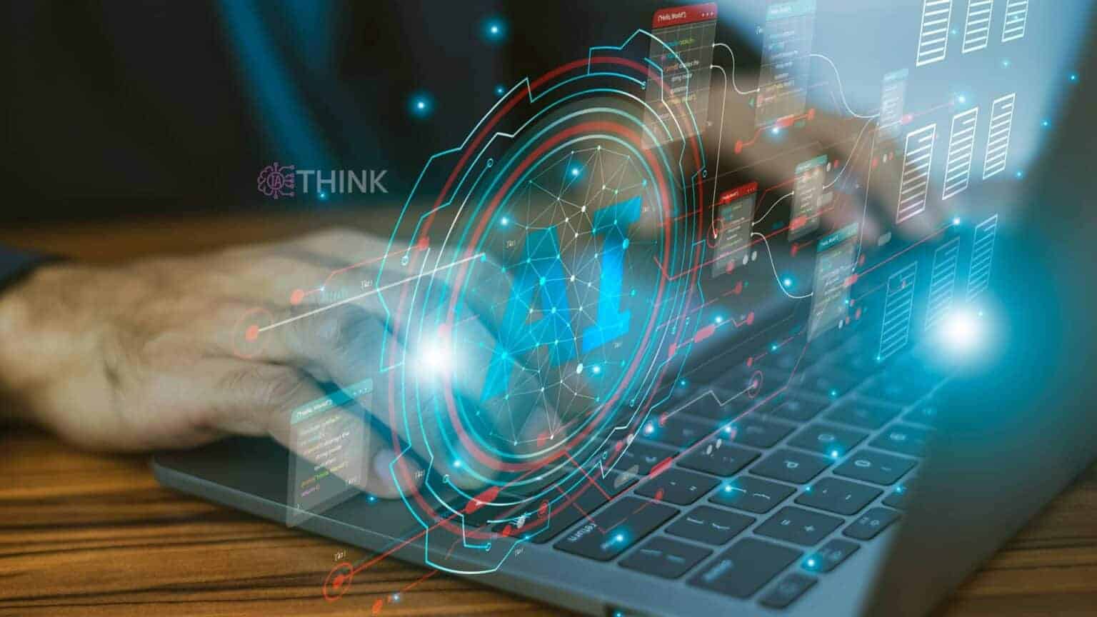 Imagen de manos usando un portátil con una superposición gráfica de Inteligencia Artificial.