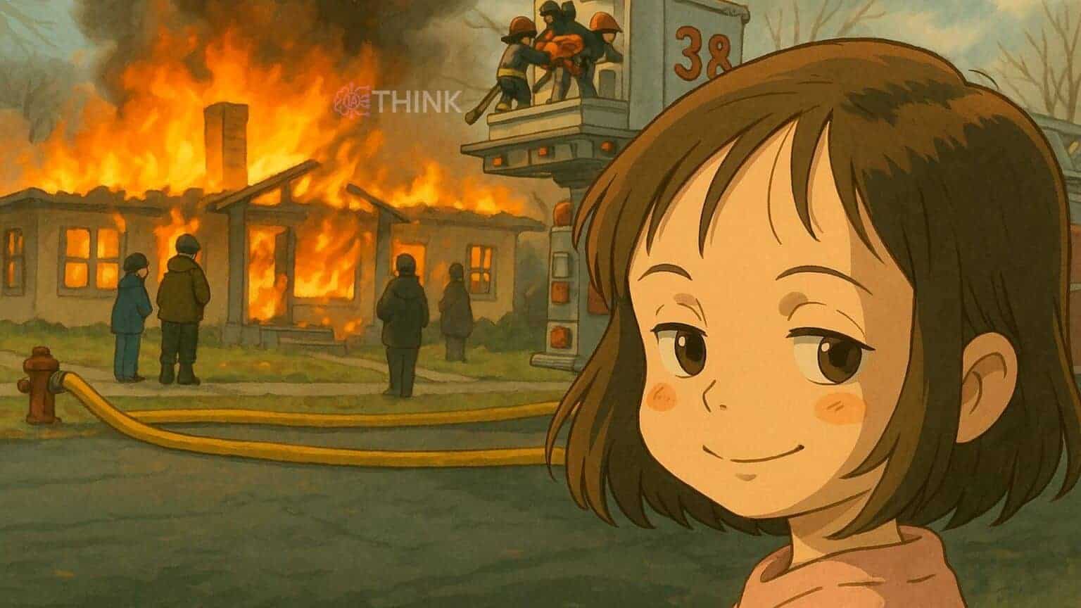 Ilustración digital de una niña con estilo Studio Ghibli, ante un incendio.