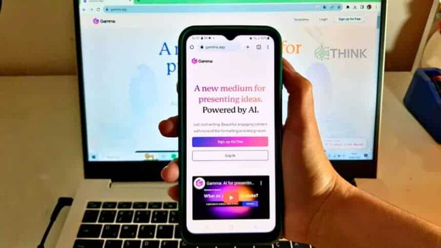 Imagen de un teléfono móvil mostrando la página web de Gamma, un servicio de IA para crear presentaciones impresionantes.