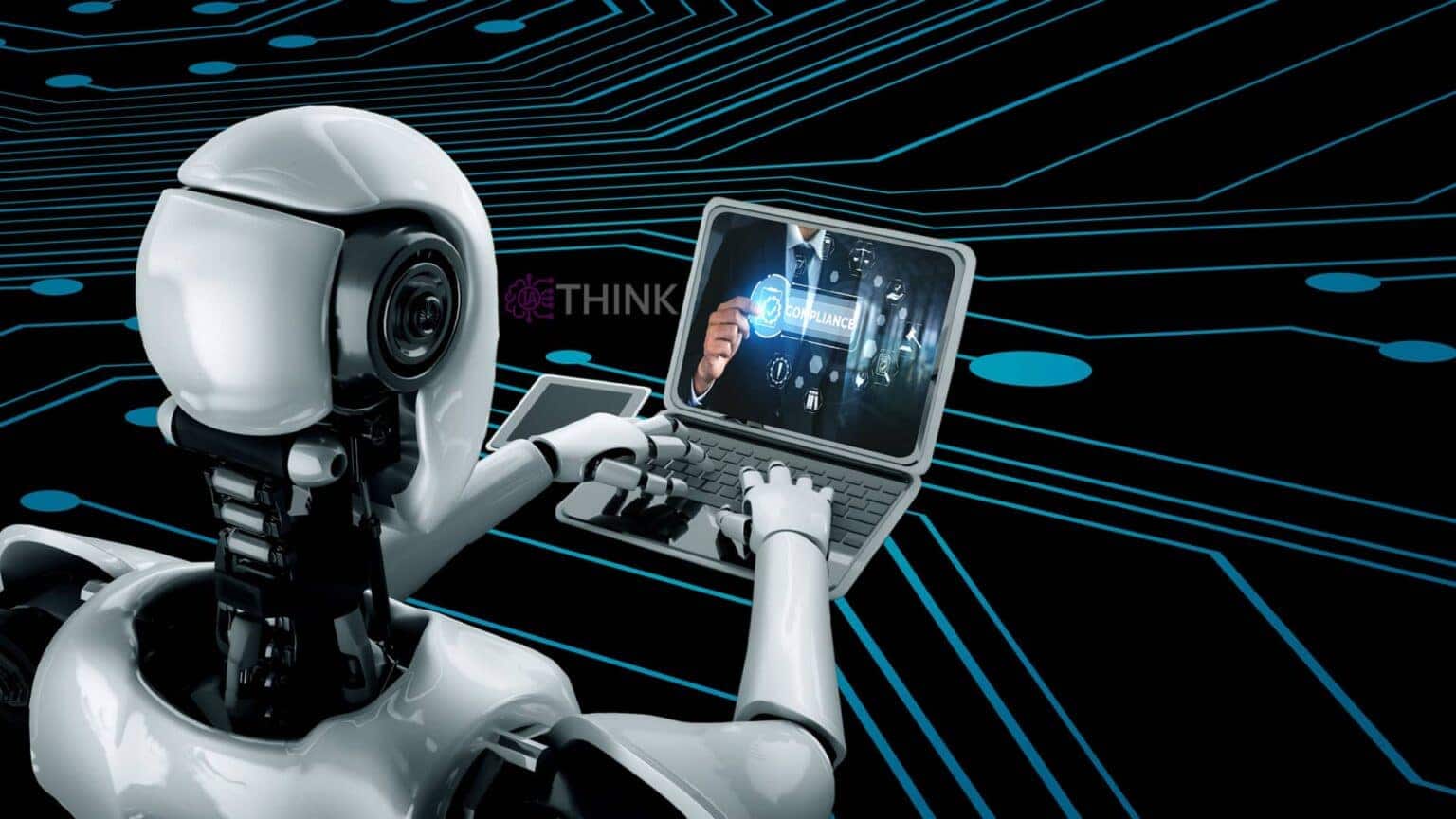 Robot utilizando un portátil para automatizar tareas mediante IA.