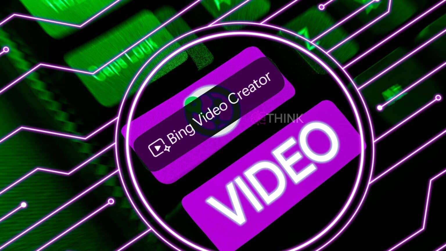Imagen gráfica que muestra dos botones virtuales: uno que dice "Bing Video Creator" y otro que dice "VIDEO", ambos sobre un fondo de diseño de circuito integrado, sugiriendo la creación de video con inteligencia artificial.