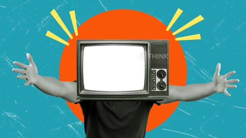 Imagen conceptual de un VTuber: una figura con una televisión antigua como cabeza, con los brazos extendidos en un gesto de bienvenida. El fondo tiene un diseño colorido y abstracto.