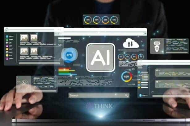 Imagen abstracta que representa la inteligencia artificial (IA) para la creación de presentaciones. Interfaz digital con elementos gráficos y código.