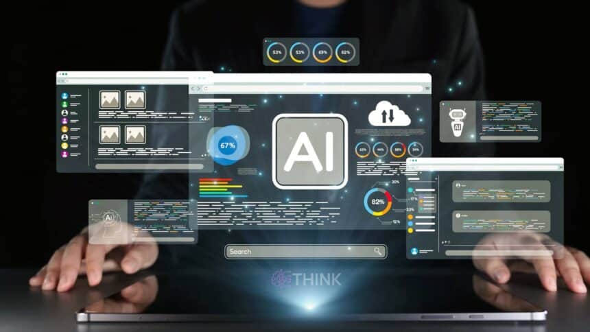 Imagen abstracta que representa la inteligencia artificial (IA) para la creación de presentaciones. Interfaz digital con elementos gráficos y código.